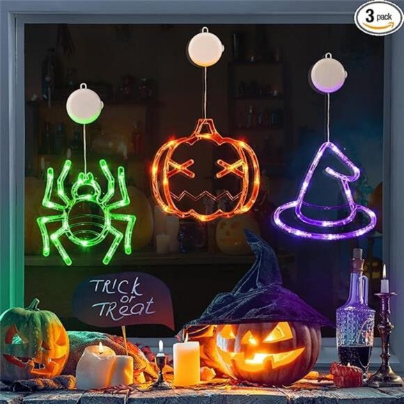 Halloween Window Decorations 3 Pack Orange Pumpkin Green Spider Purple - Picture 7 of 7